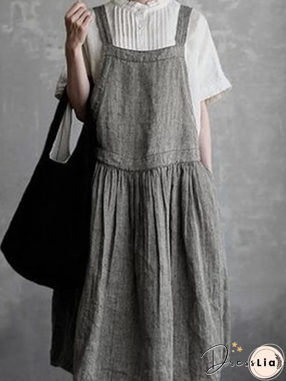 Square Neck Cotton-Blend Sleeveless Solid Weaving Dress