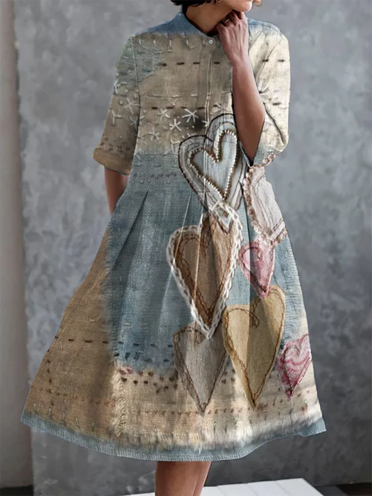 Retro Heart Print Pocket Half Sleeve Dress