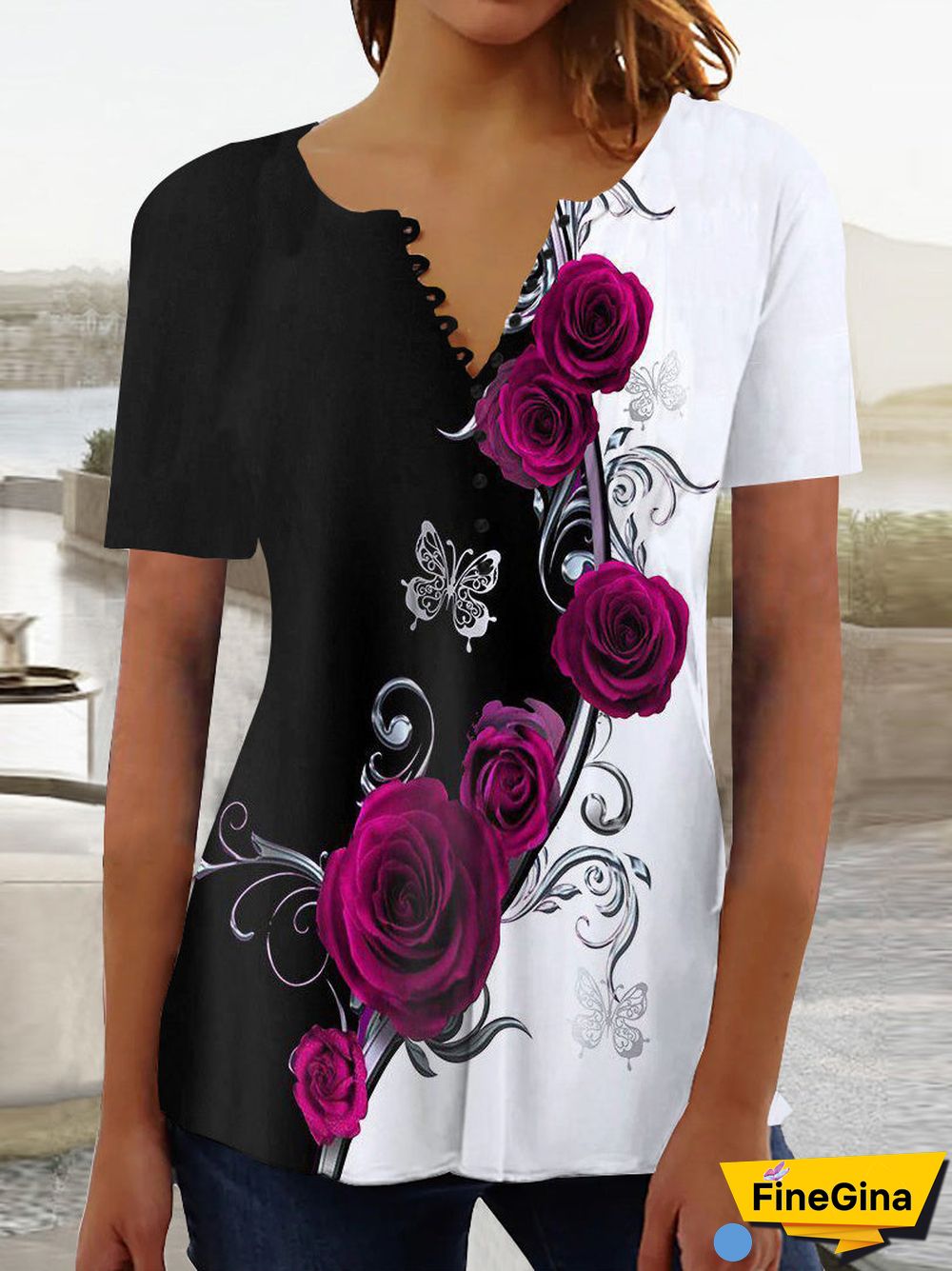 Women's Short Sleeve V-Neck Graphic Floral Printed Top