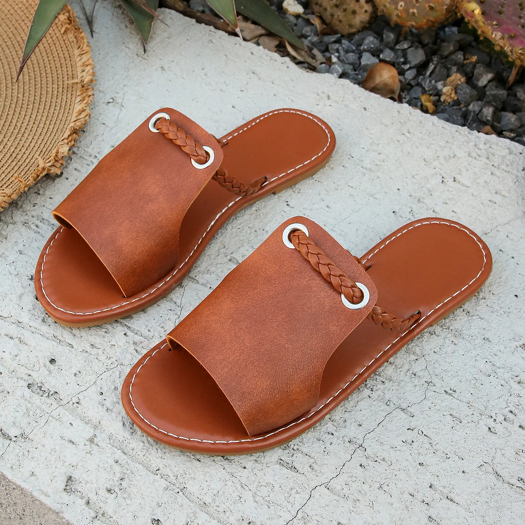 Yyvonne Braided With Fish Mouth Slippers Women Solid Color Wearing A Word Beach Cold Slippers