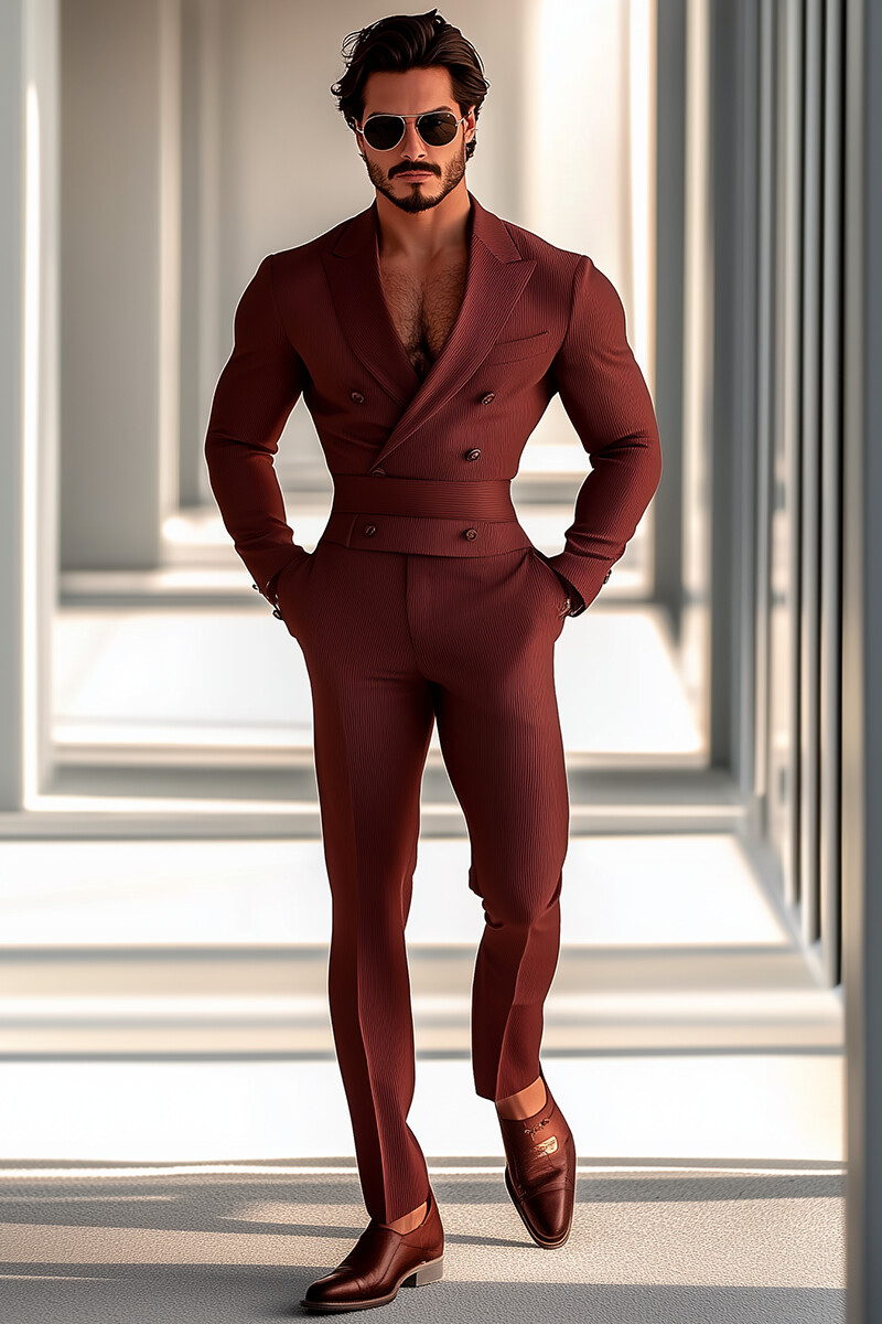 Men's Peak Lapel Double Breasted Elegant Burgundy Blazer Jumpsuit