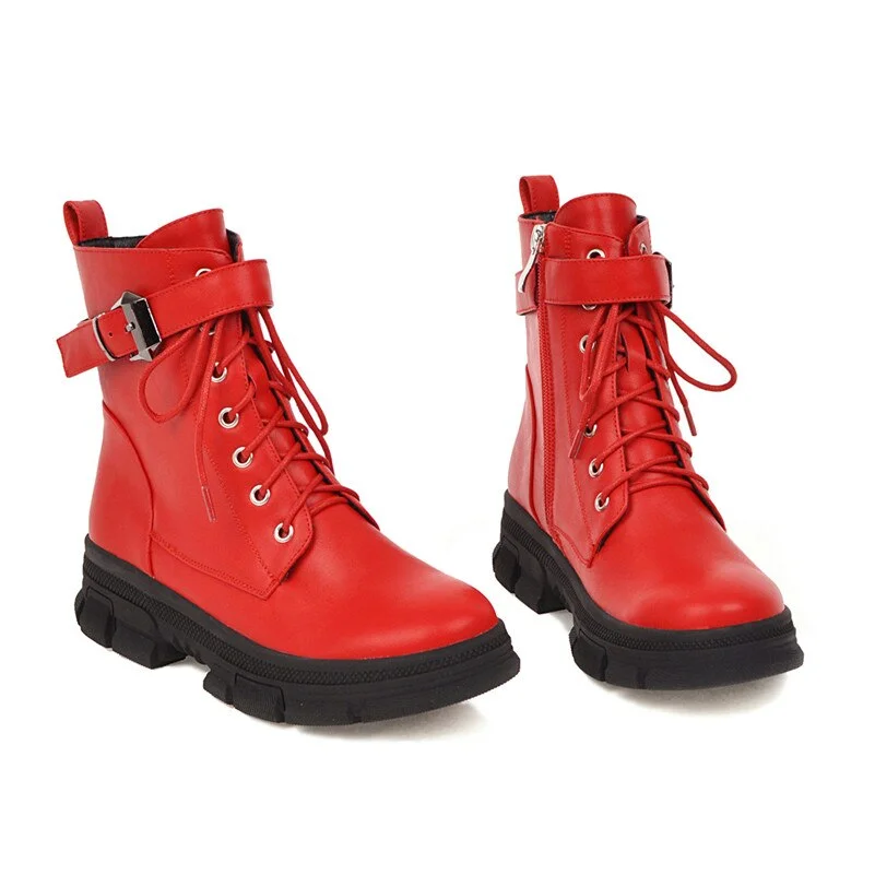 Meotina Winter Motorcycle Boots Women Buckle Flat Platform Ankle Boots Zipper Round Toe Shoes Ladies Autumn Red Plus Size 34-43