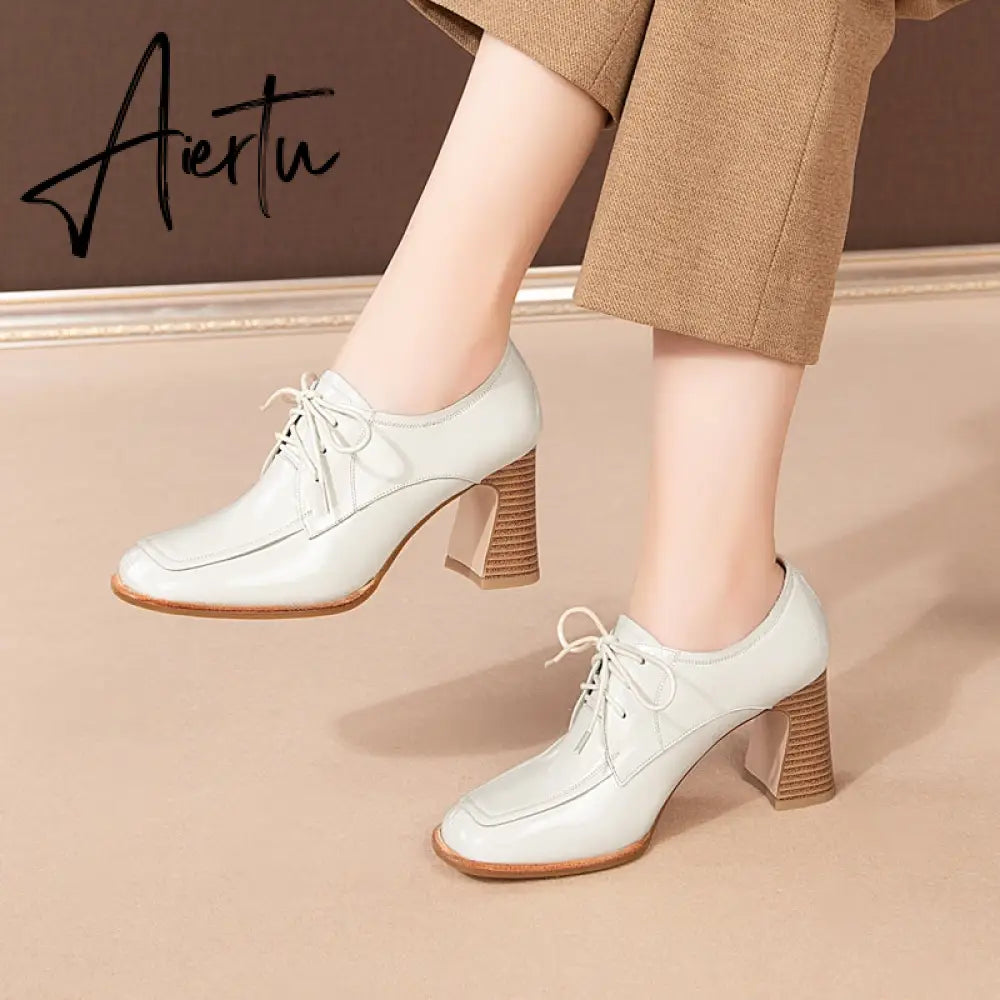 Aiertu  Lace-Up High Heels Thick Pumps Women Square Toe Pumps Cow Leather Shoes Female Fashion Officce Shoes Women Spring New Aiertu