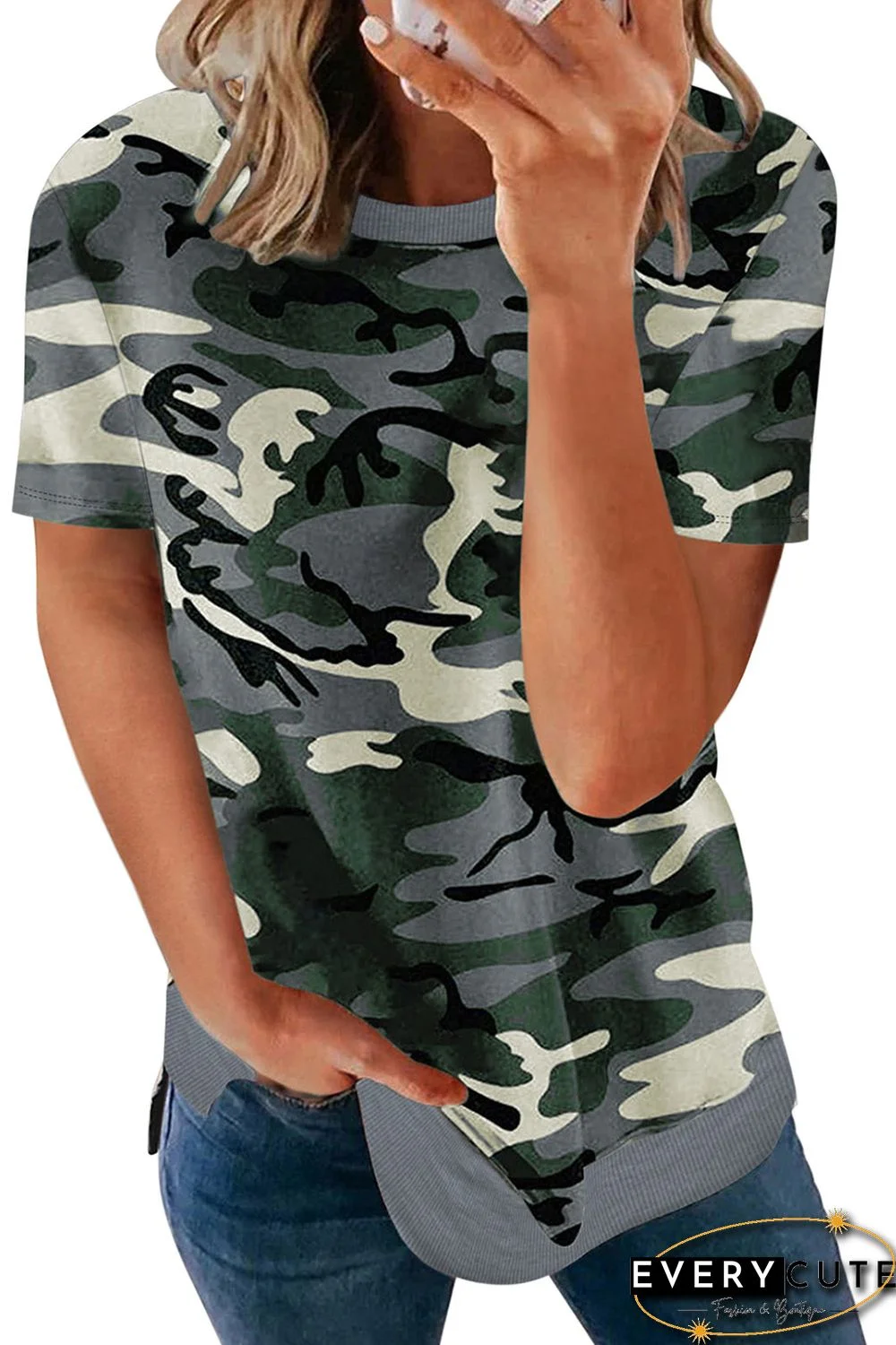 Multicolor Crew Neck Camo Side Split T-shirt