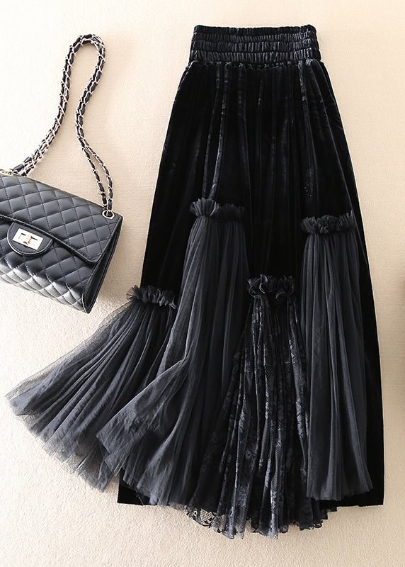 Boutique Black Silk Velour Patchwork Tulle Skirt Spring CK604- Fabulory