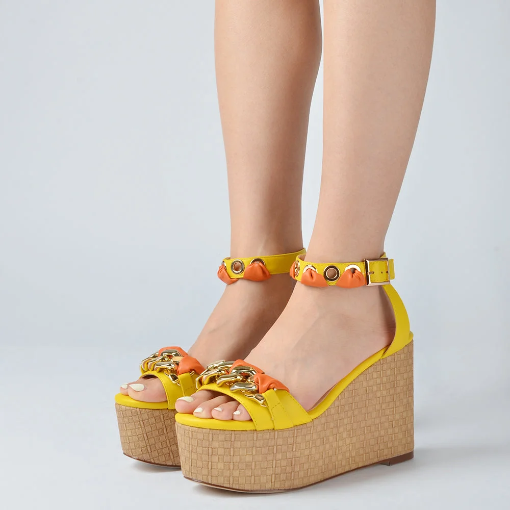 Yellow Leather Wedge Sandals 6-inch Platform Ankle Strap Heels