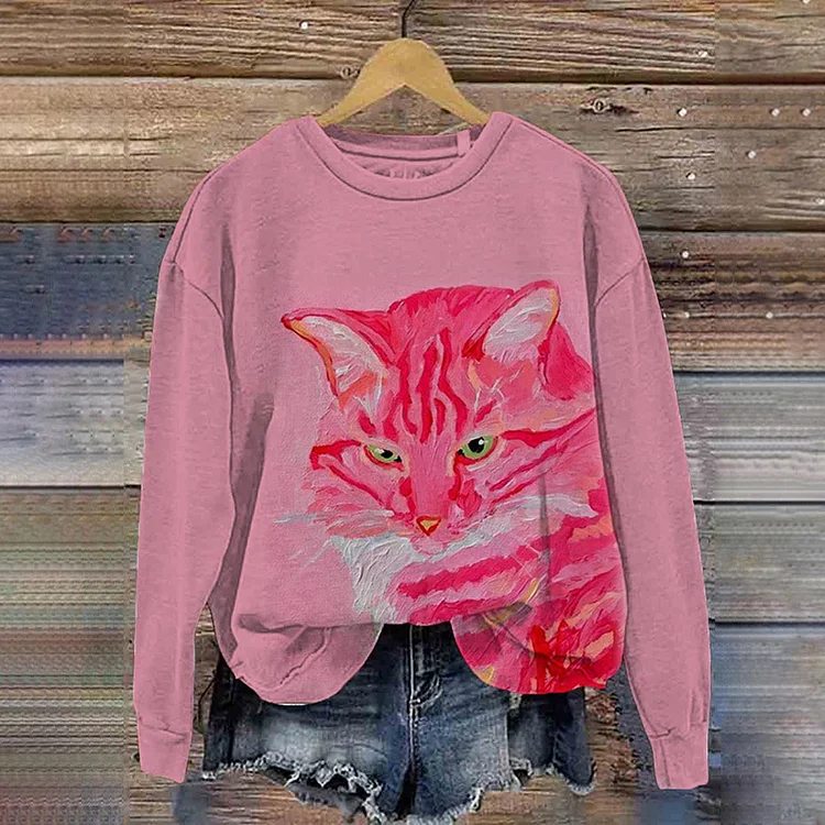 Wearshes Women's Art Oil Painting Cat Print Casual Round Neck Sweatshirt