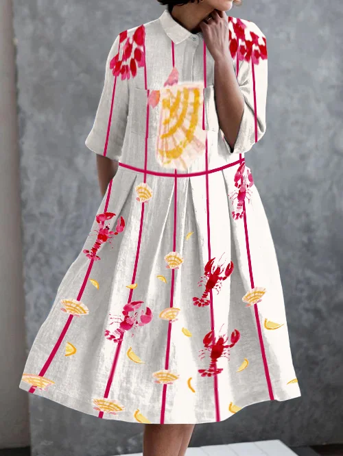 Holiday Ocean Shrimp Art Print Casual Pocket Half Sleeve Dress