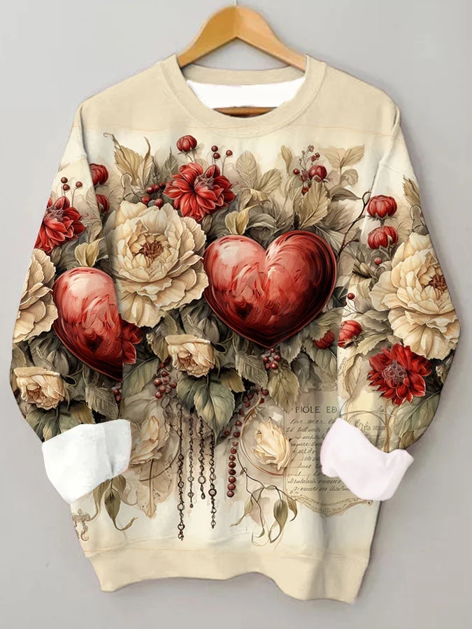 Retro Chic Valentine Heart Floral Crew Neck Sweatshirt
