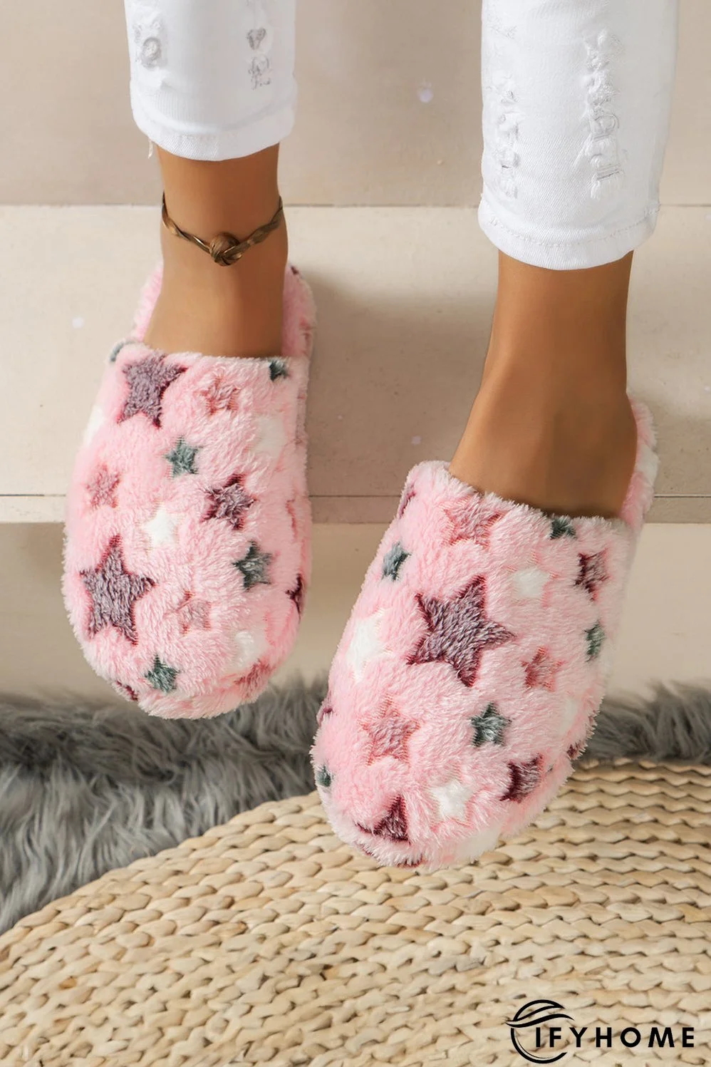 Pink Star Pattern Plush Home Slippers | IFYHOME