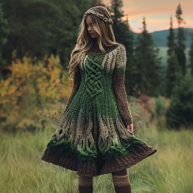 VChics Women's Celtic Knotted Gradient Long Sleeve Sweater Dress