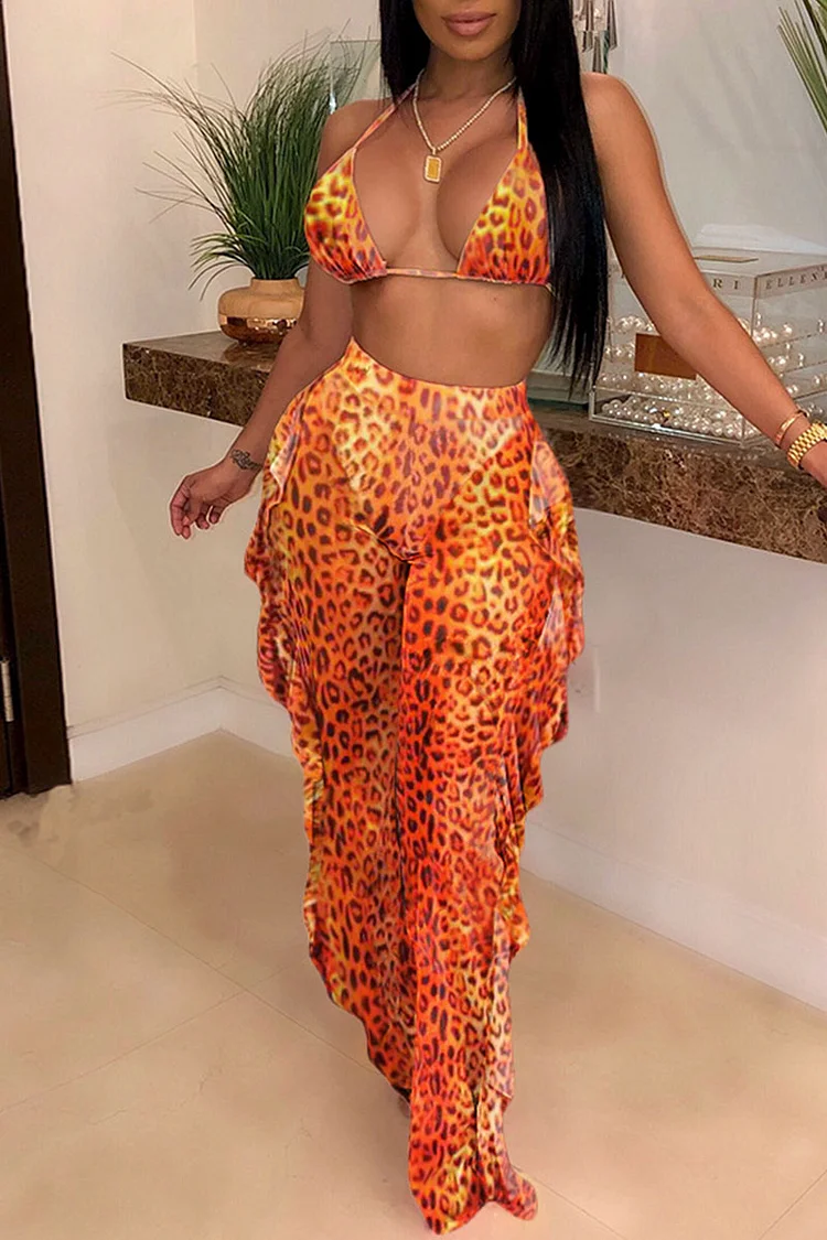 Tangerine Red Sexy Print Split Joint Flounce Halter Sleeveless Two Pieces