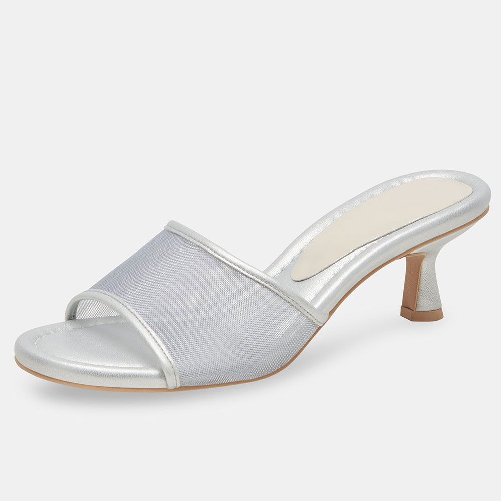 Vegan Leather Mesh Wide Band Women's Silver Mules with Kitten Heels Nicepairs
