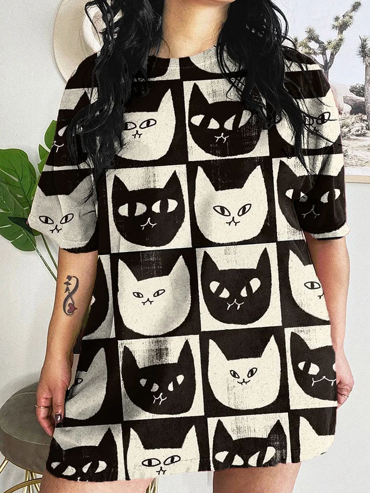 Women's Cat Art Print Crew Neck Causl Shirt