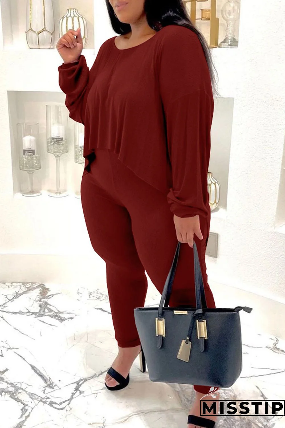 Burgundy Casual Solid Patchwork O Neck Plus Size Two Pieces