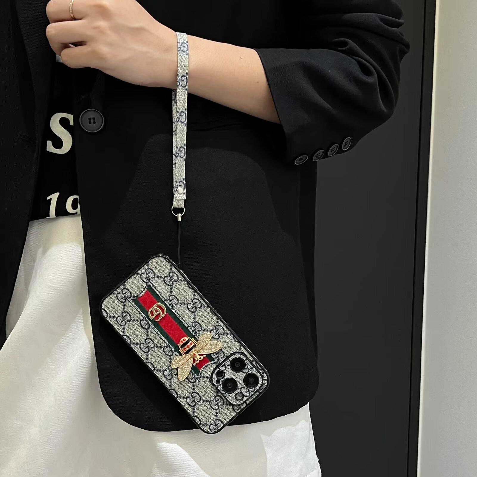 Gucci Bee Diamond Ophidia GG Leather New Apple iPhone Case