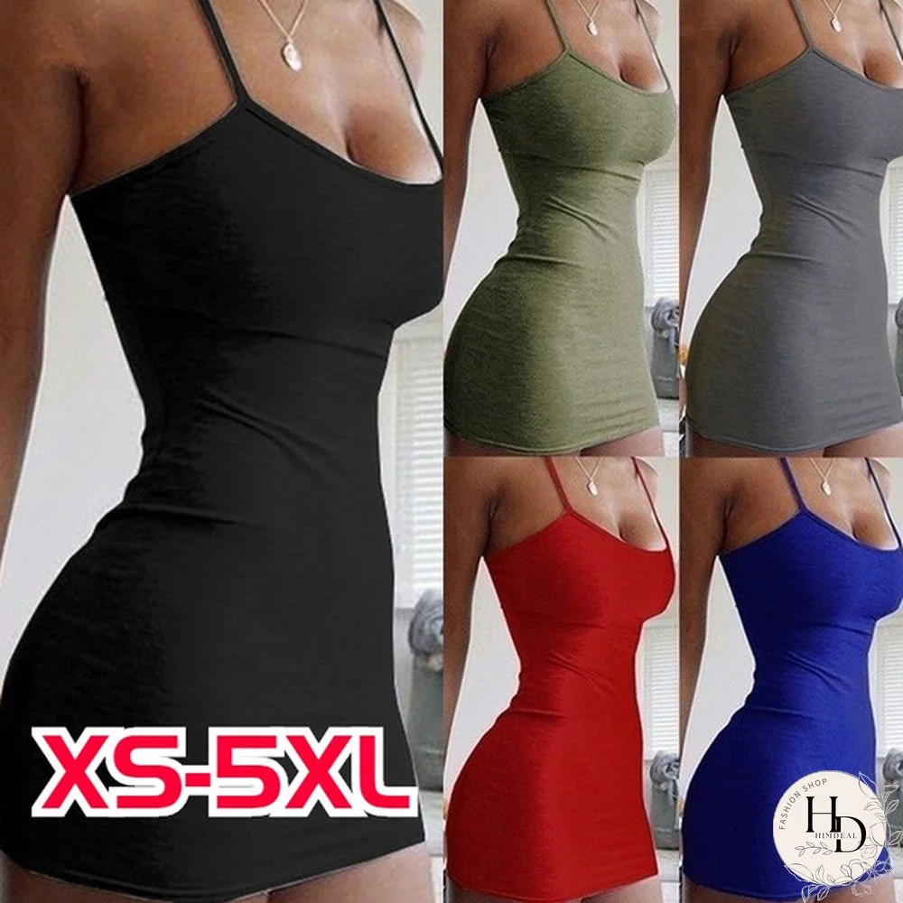 Women's Sexy Spaghetti Strap Bodycon Mini Dress Low Cut Sleeveless Plus Size Solid Color Party Club Summer Vestidos