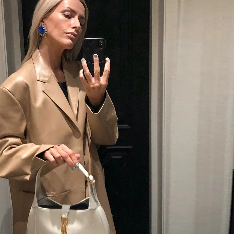 Women Formal Leather Blazers Solid Color Button-Down Collared Suit Jacket Black/ Khaki