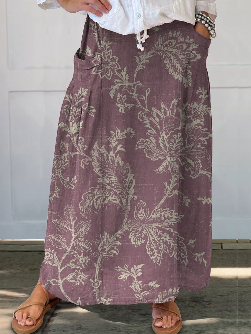 Women's  Floral Print Linen Pocket Skirt