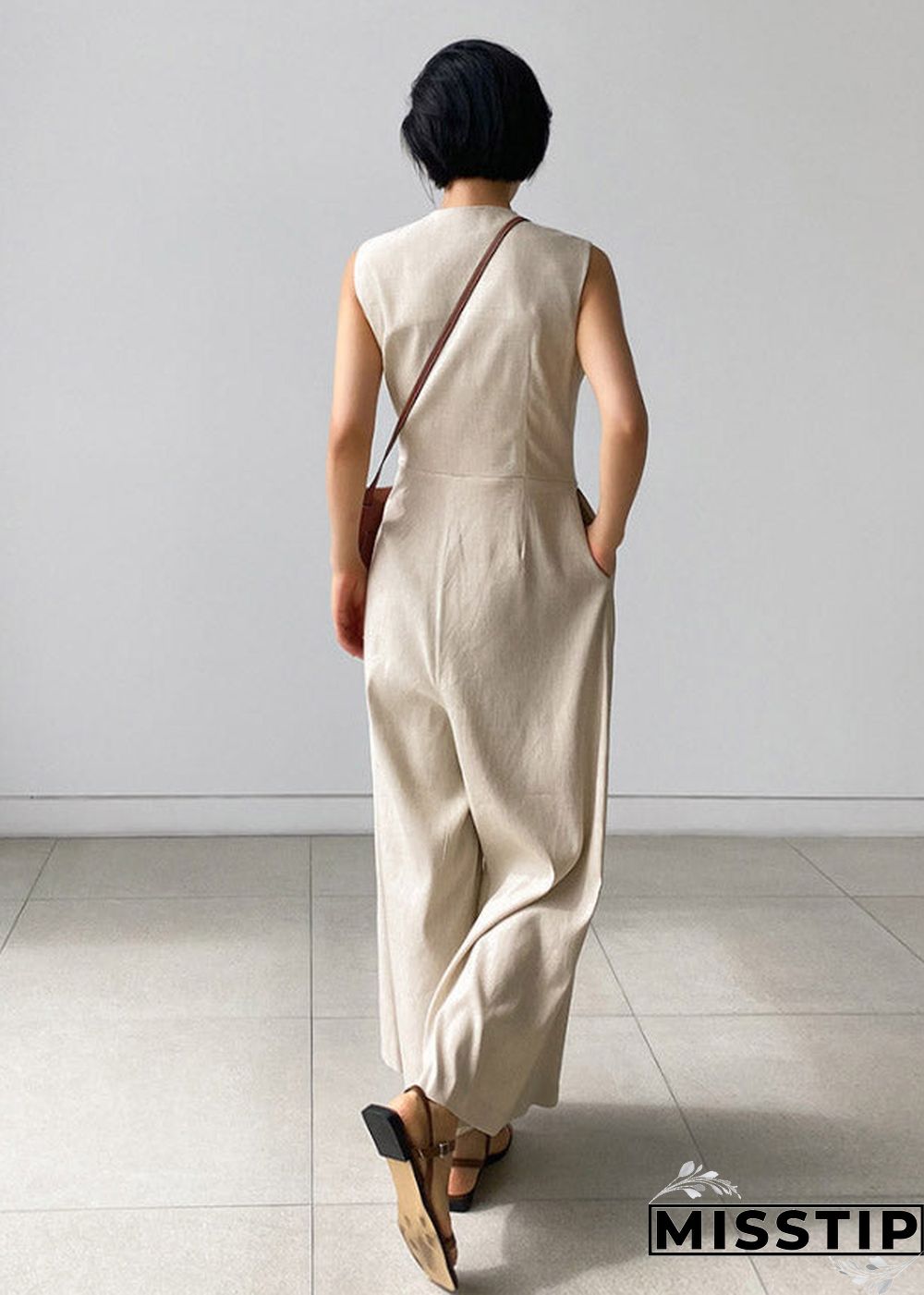 Chic Beige V Neck Button Pockets Jumpsuit Pants Summer