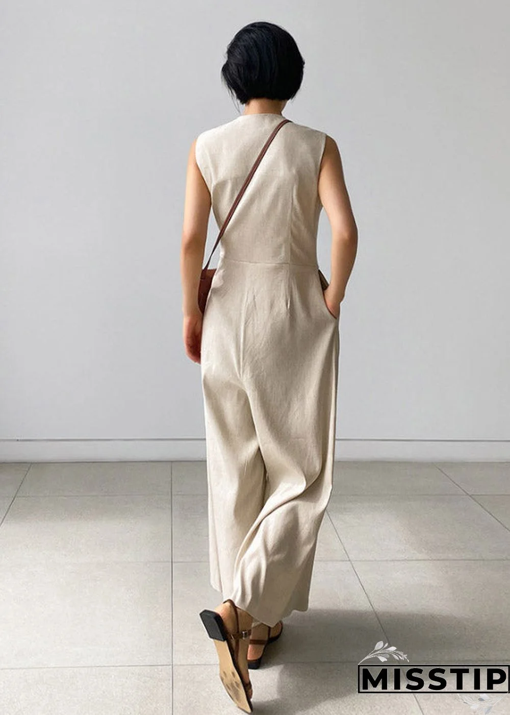 Chic Beige V Neck Button Pockets Jumpsuit Pants Summer