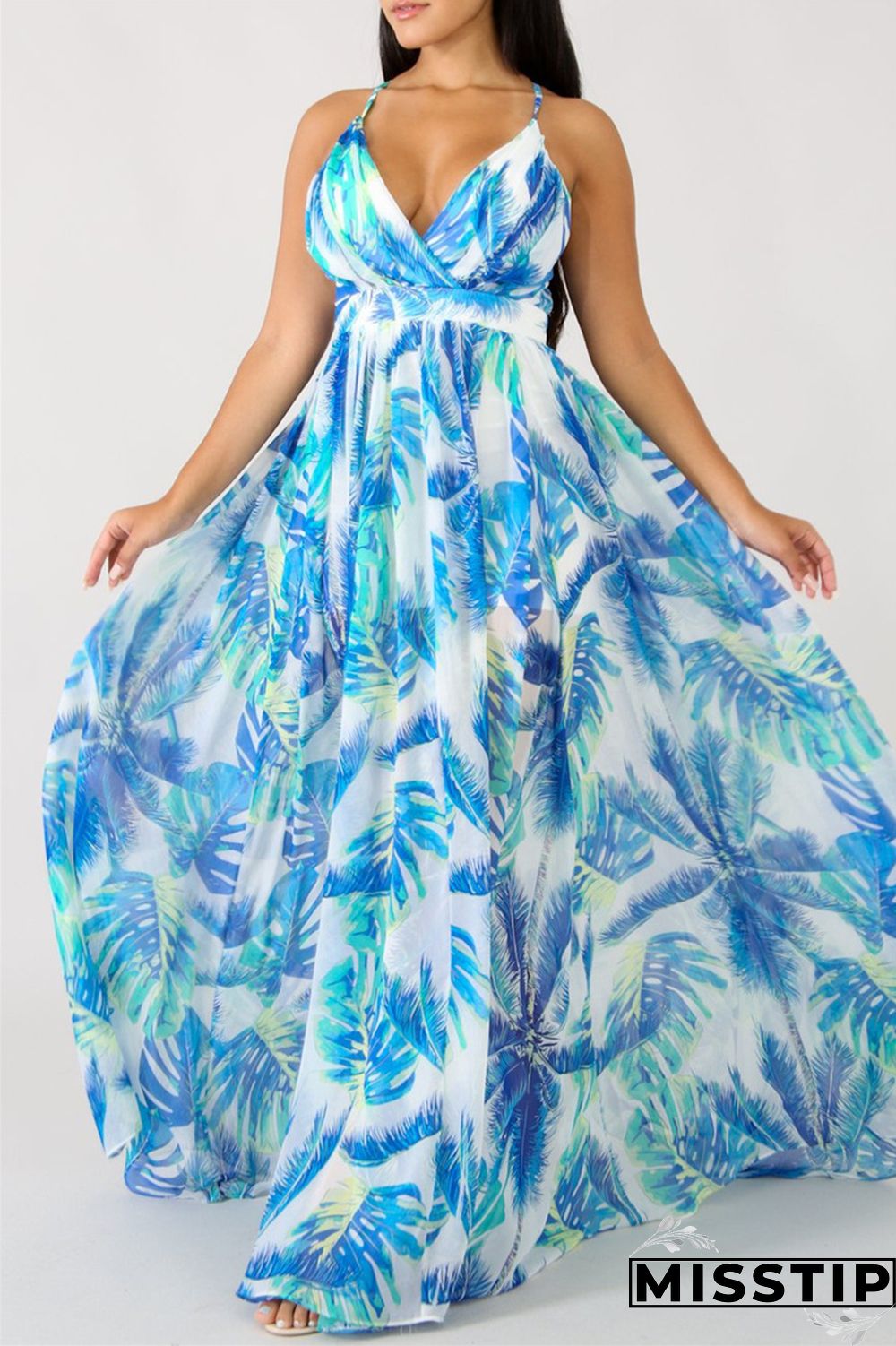Pink Fashion Casual Print Backless V Neck Sling Dress