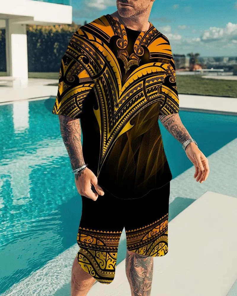 Simple Fashion Men's Yellow Print Short Suit