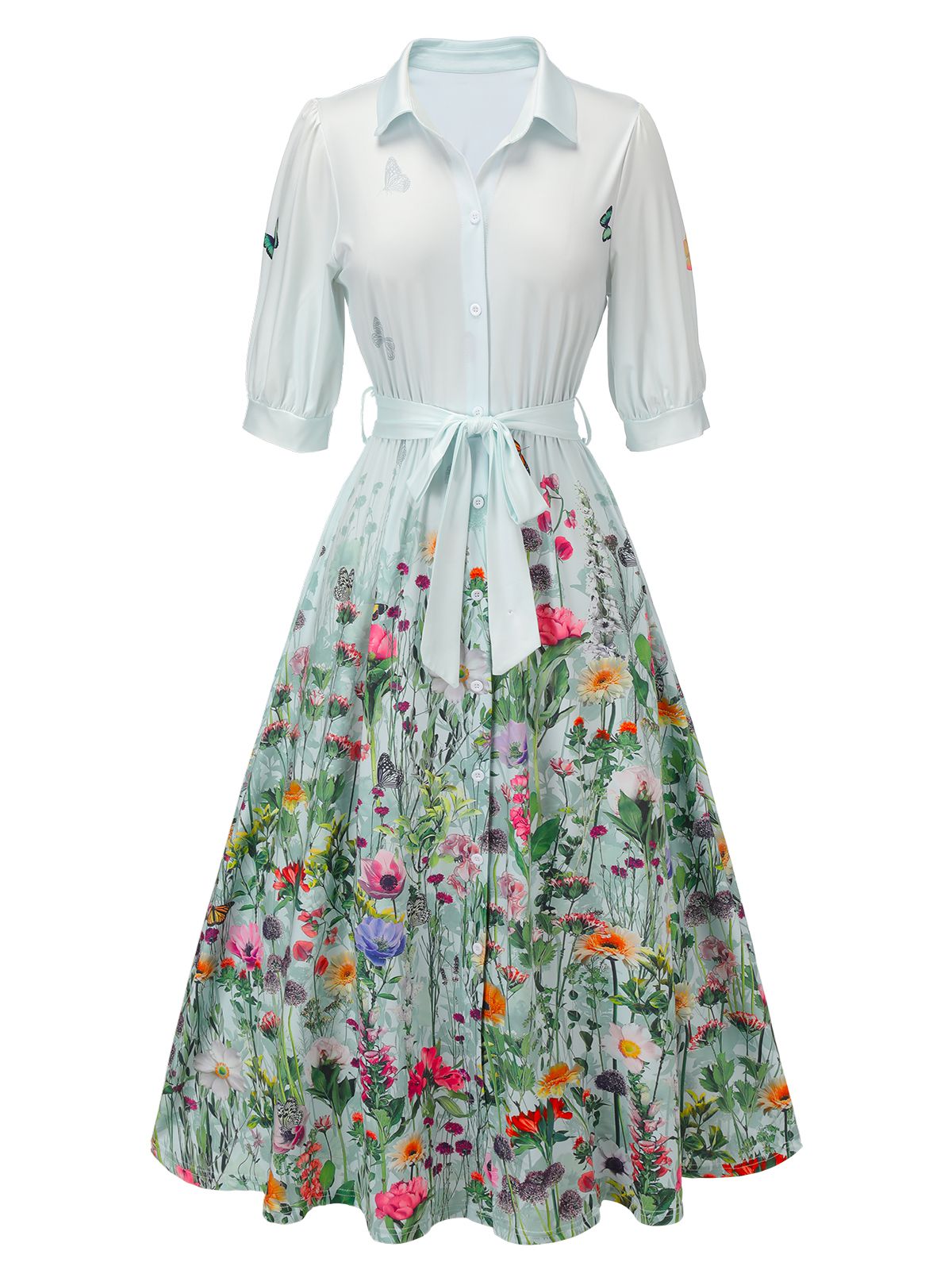 Retro Floral Print Half Sleeve Midi Shirt Dress
