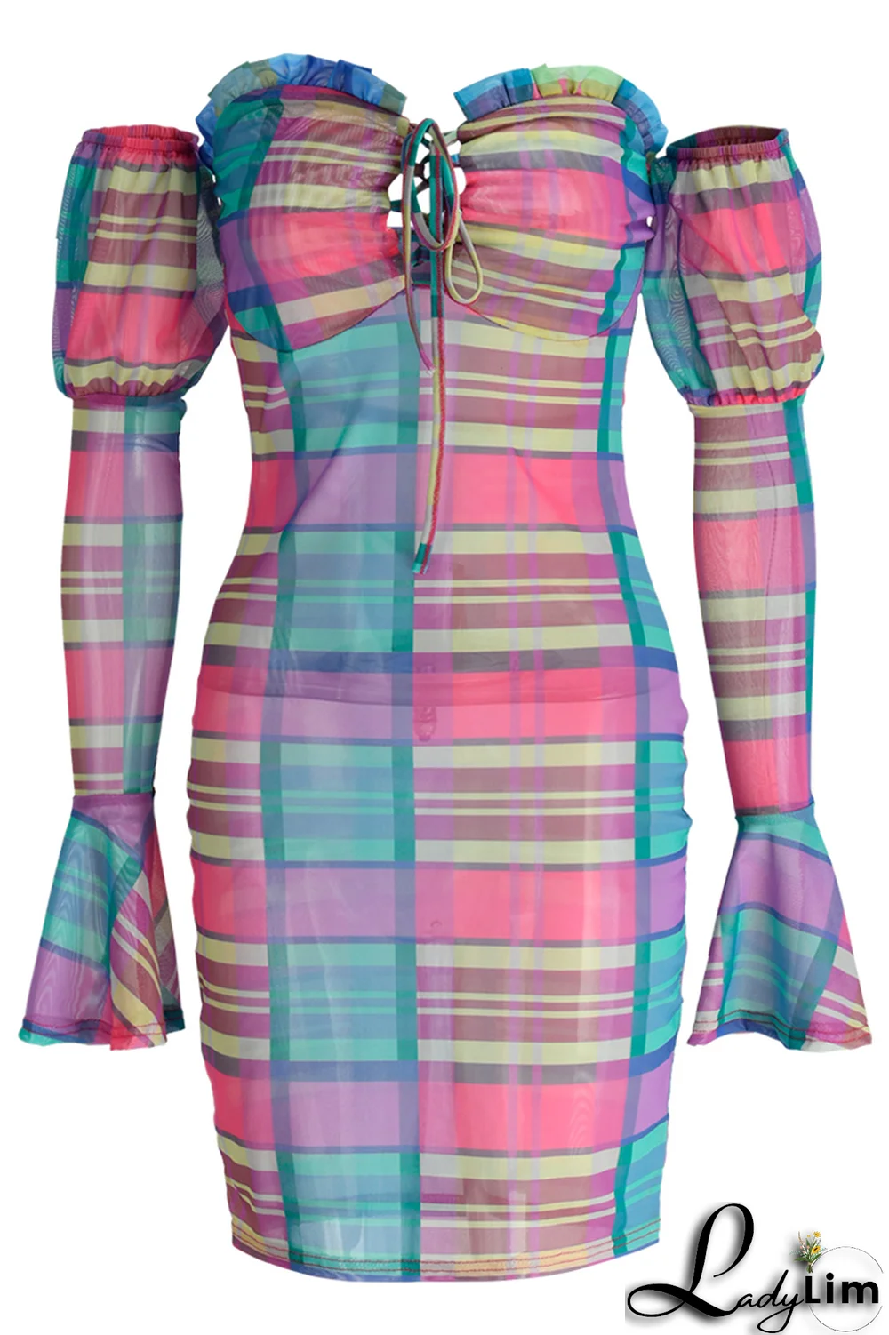 Blue Sexy Plaid Split Joint Off the Shoulder Pencil Skirt Dresses