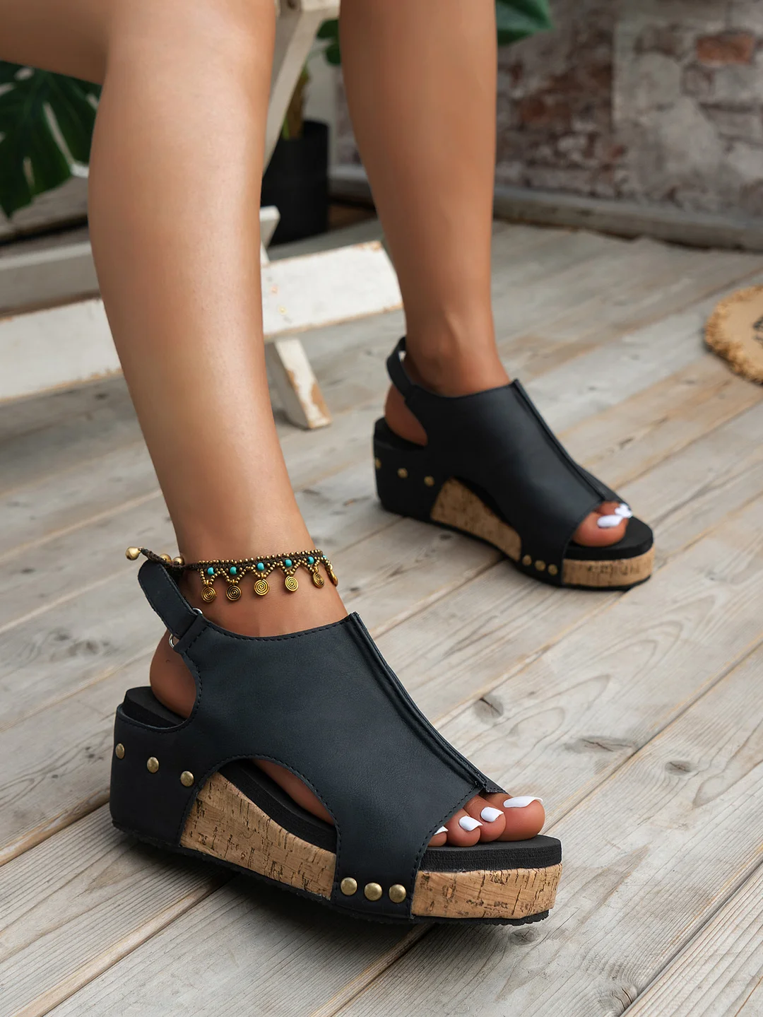 Black Vintage Leather Stitching Studded Wedge Sandals | IFYHOME