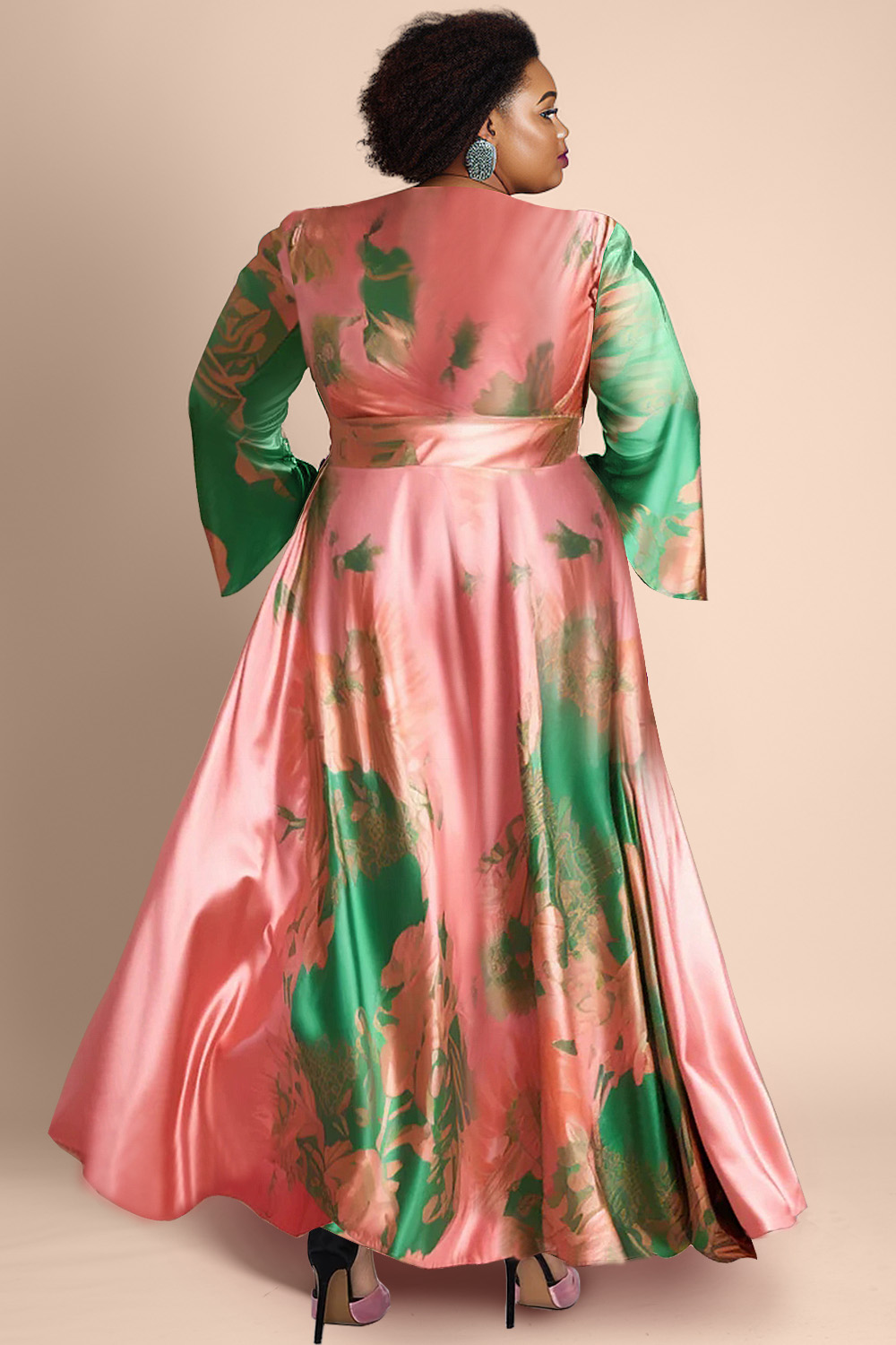 Design Plus Size Vacation Elegant Pink Colorblock Flare Long Sleeve Satin Maxi Dresses [Pre-Order]