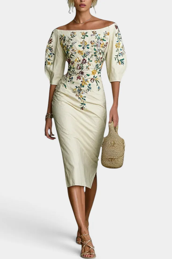Off-Shoulder Floral Embroidered Midi Dress