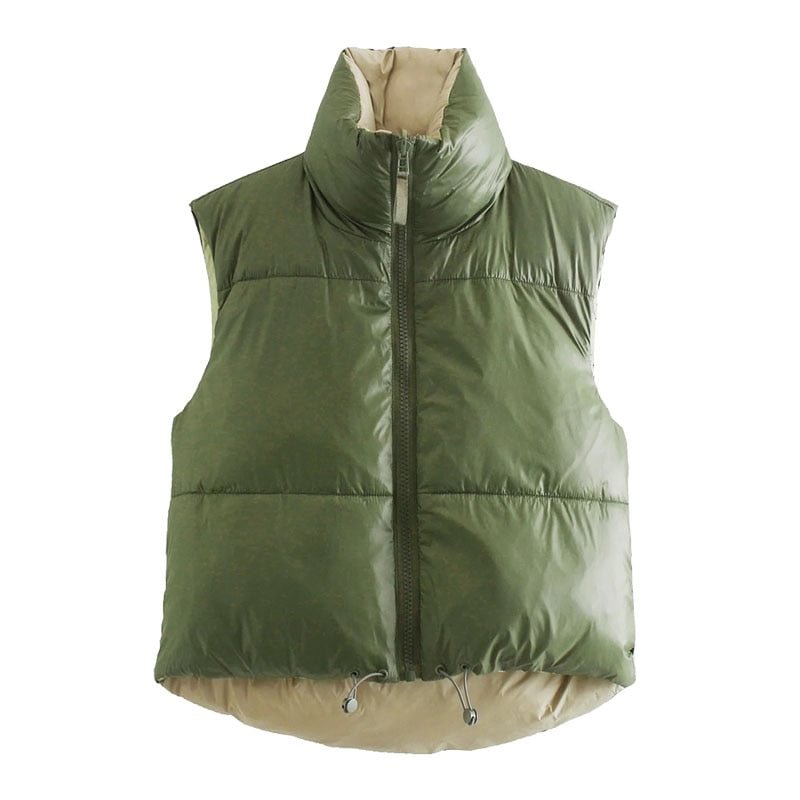 TRAF Women Fashion Double-Sided Wear Cropped Padded Waistcoat Vintage High Neck Adjustable Hem Female Vest Coat Mujer