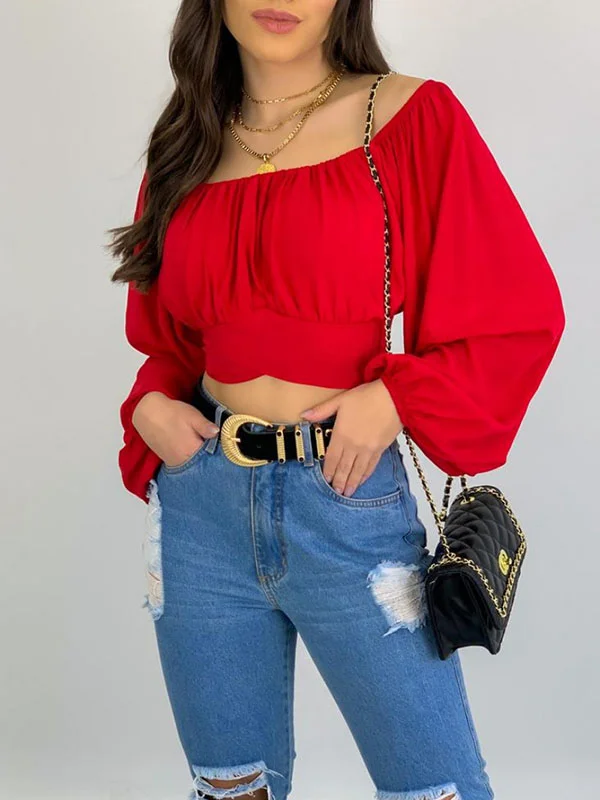 Elasticity Pleated Solid Color Long Sleeves Loose Off-the-shoulder Blouses