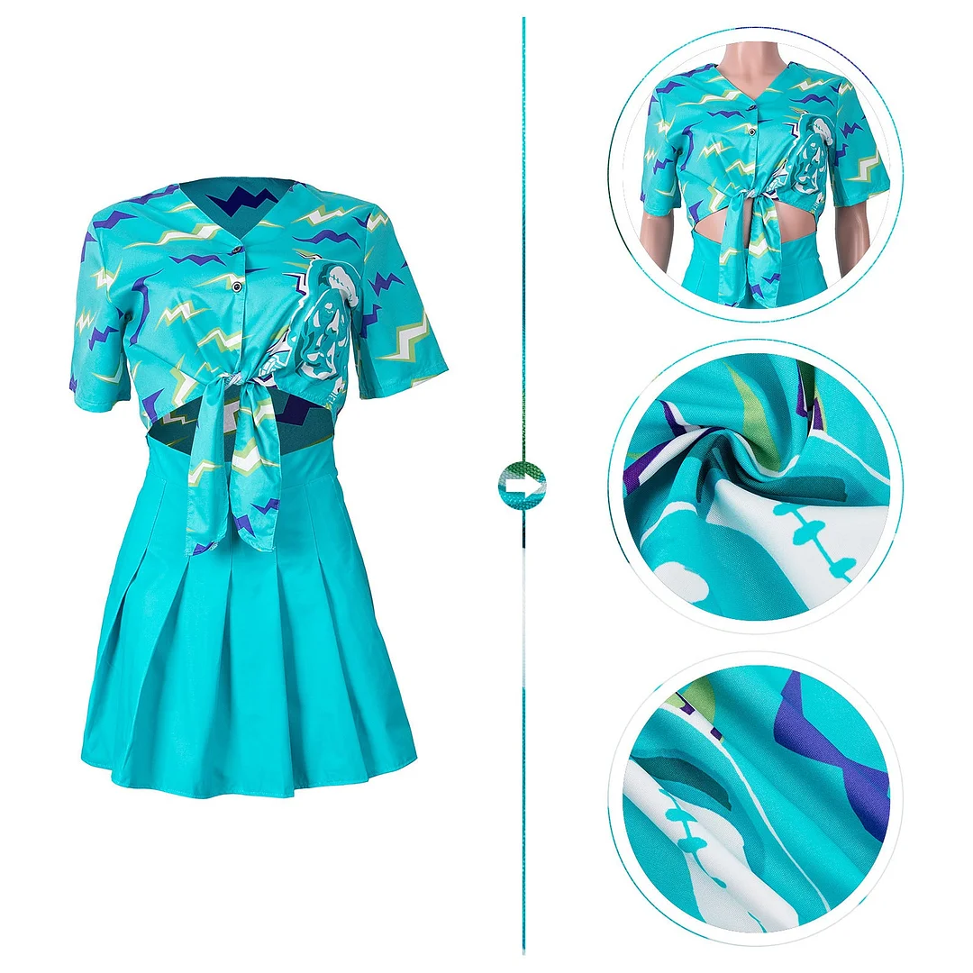 Uveng Digital Printing Skull Loose Temperament Commute Button Pleated Skirt Two-piece Short Shirt