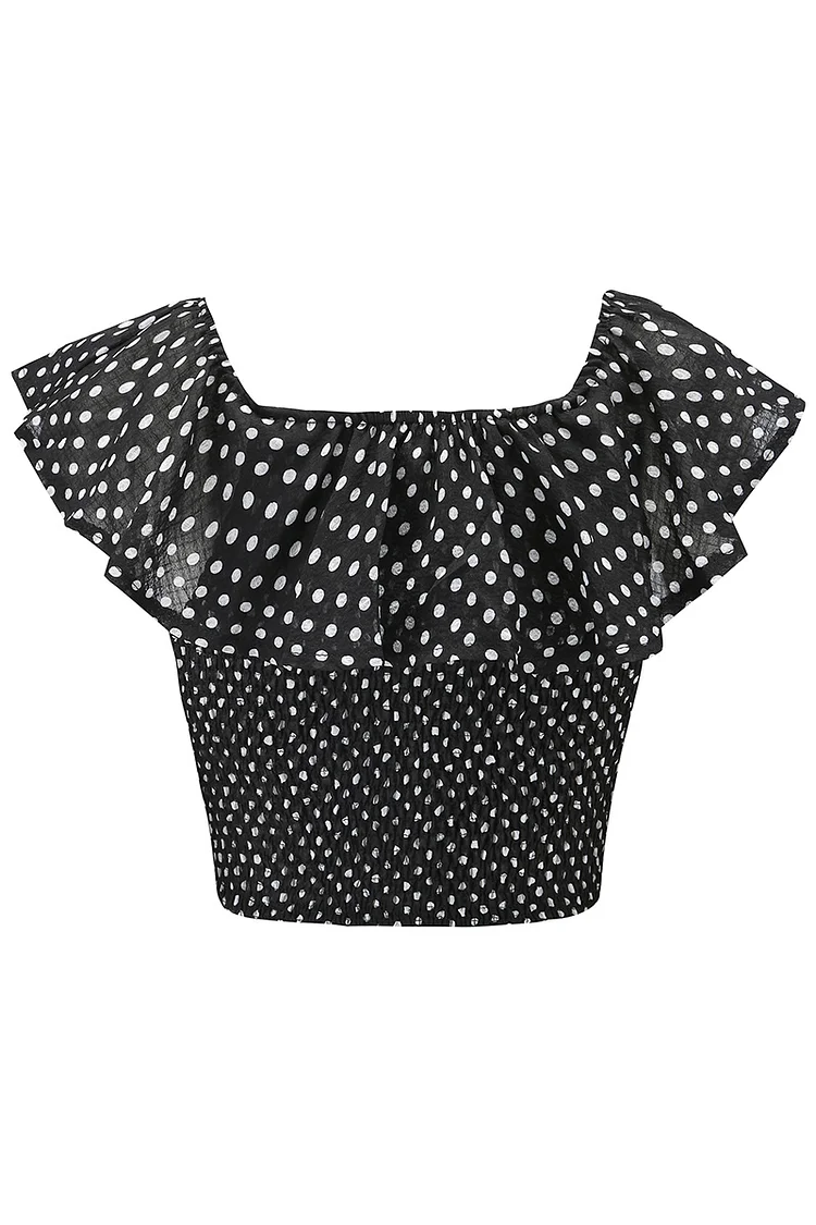 1950s Black Casual Polka Dot Off The Shoulder Ruffle Sleeve Smocking Slim fit Blouse