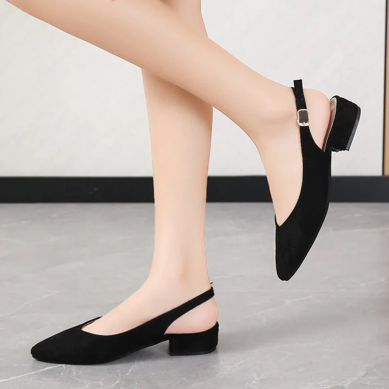 Qengg Women Pumps Shoes Fashion Elegant Low Thick Heels Pointed Toe Kid Suede Sexy Buckle Strap Black Footwear Shoe