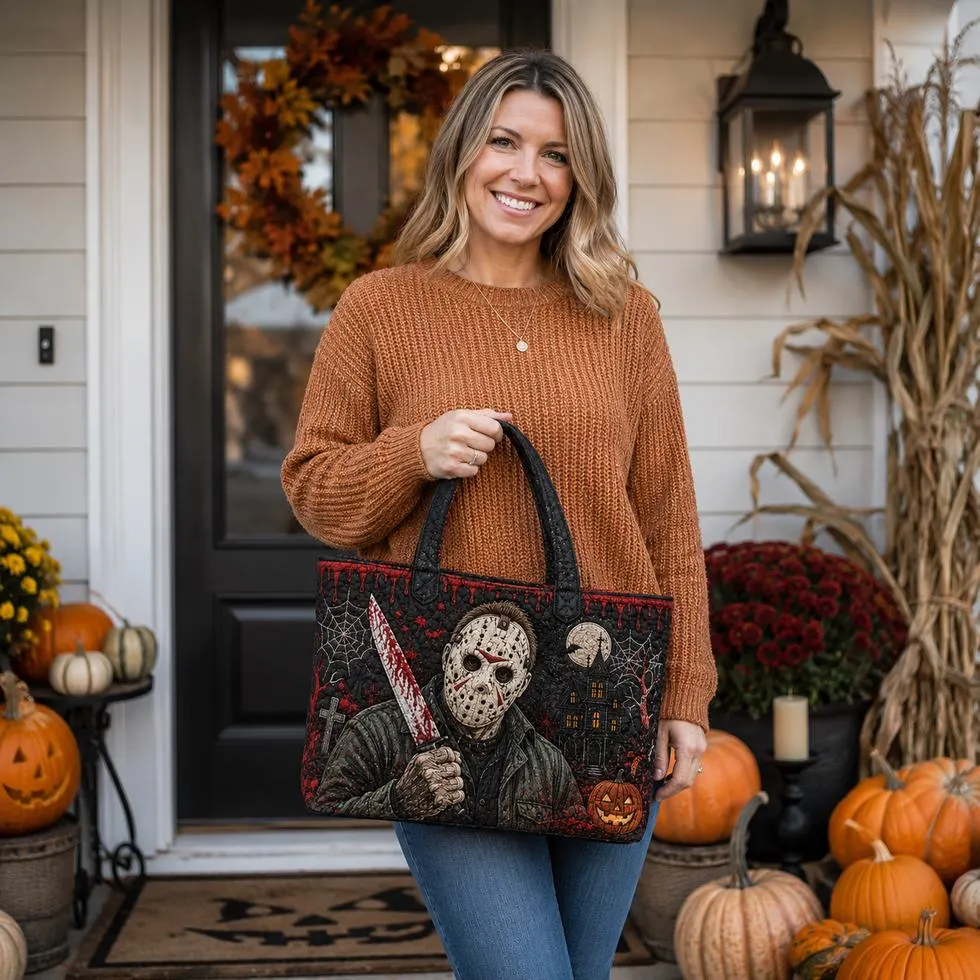 Buyer style photo carrying horror printed tote outside
