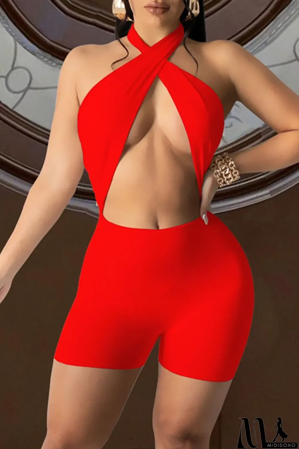 MidiSono - Red Sexy Solid Hollowed Out Backless Strap Design Halter Skinny Romper