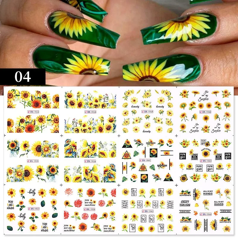 12 Designs Nail Stickers Set Mixed Floral Geometric Nail Art Water Transfer Decals Sliders Flower Leaves Manicures Decoration-Nail Inspo