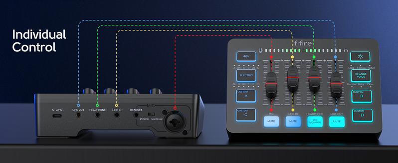 Product Introduction of FIFINE Gaming Audio Mixer with XLR Cable Bundle. Streaming RGB PC Mixer with Microphone Cable. XLR Interface. Volume Faders. Mute Button. Computer Mic for Recording/Podcast/Vocal/Game Voice 3