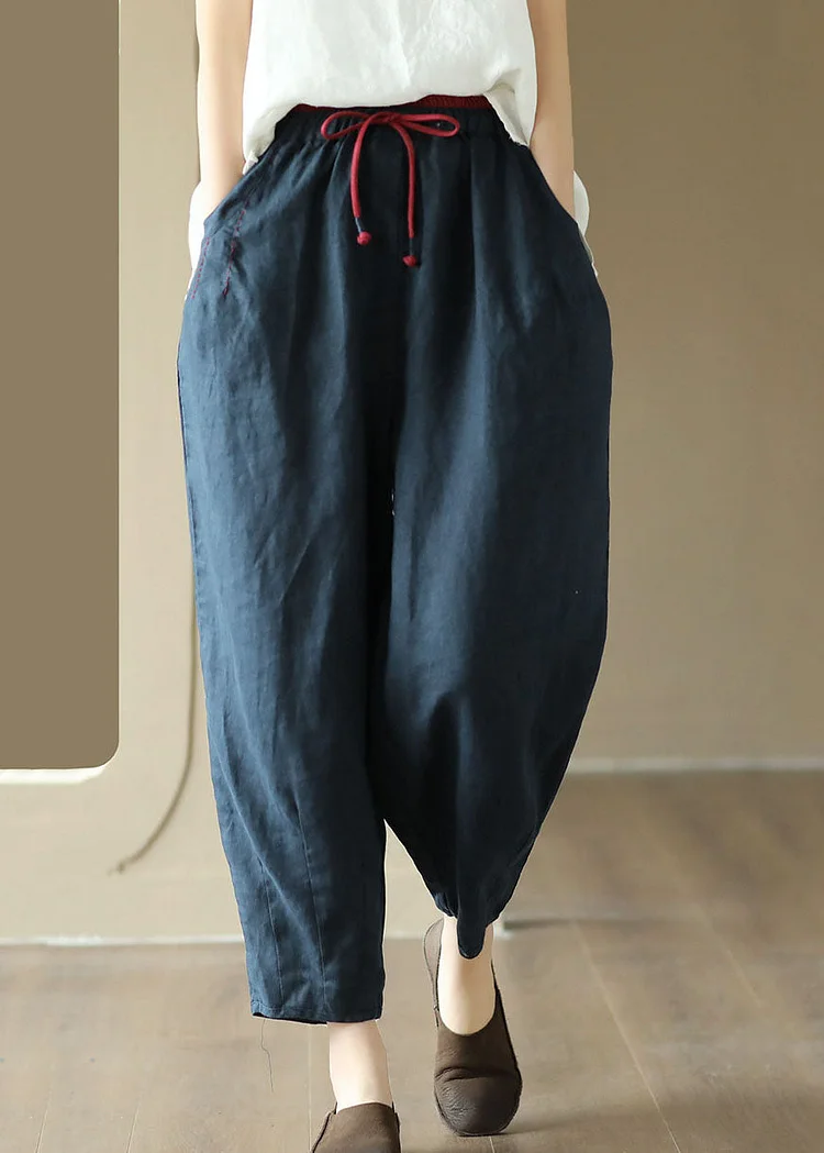 Art Navy Pockets Embroideried Patchwork Linen Pants Summer