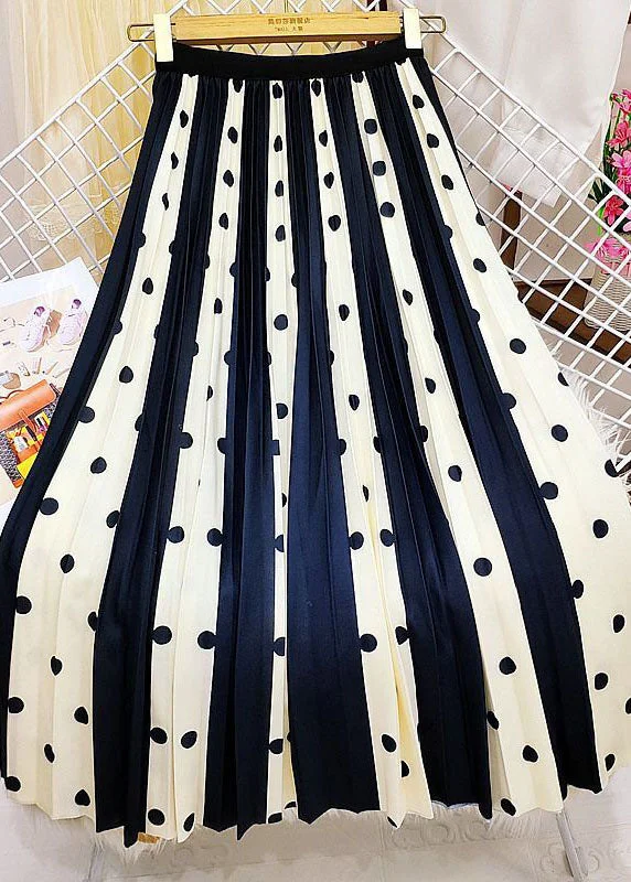 Handmade Black Elastic Waist Striped Silk Pleated Skirt Spring