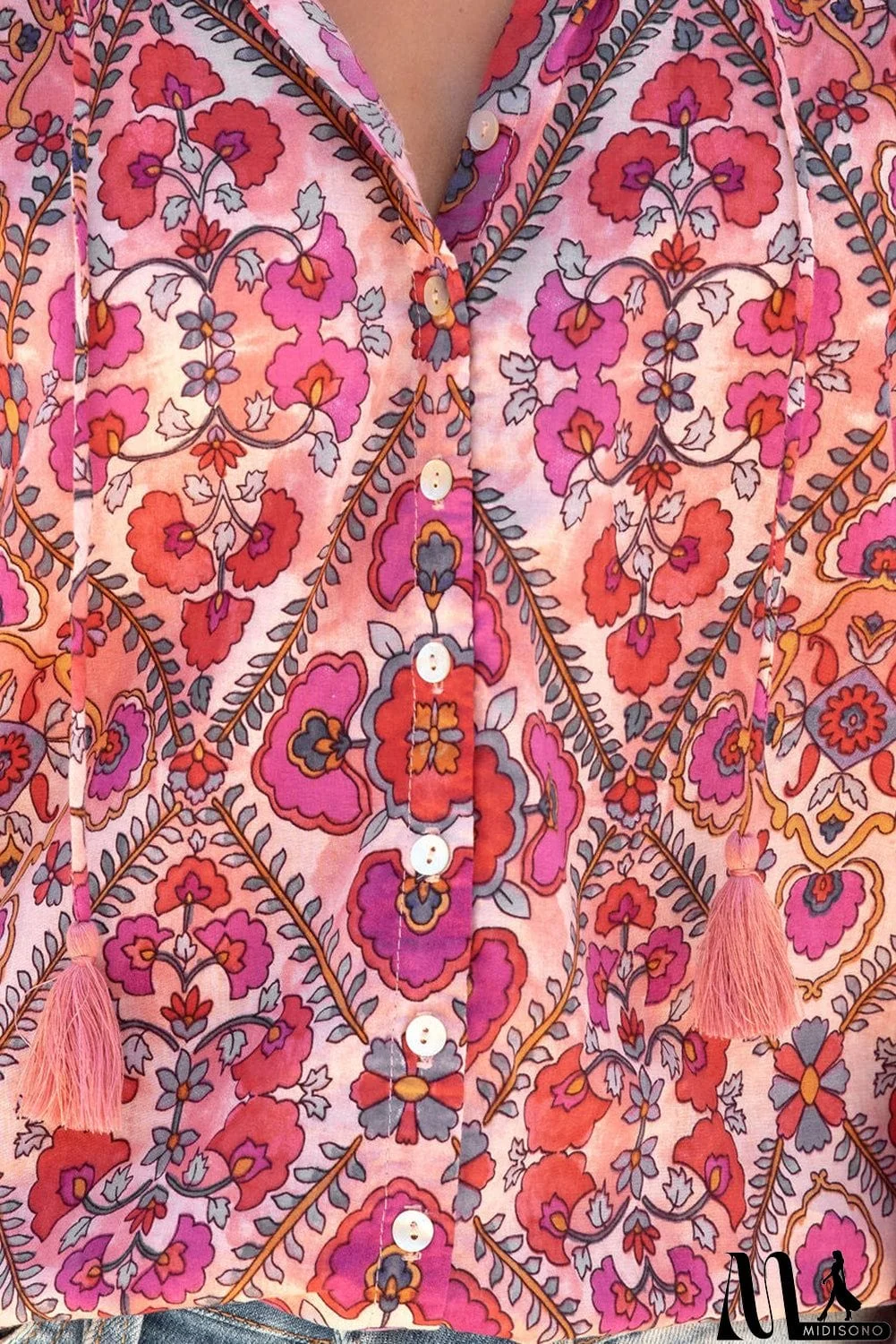 MidiSono - Rose Split Neckline Front Buttons Floral Print Blouse