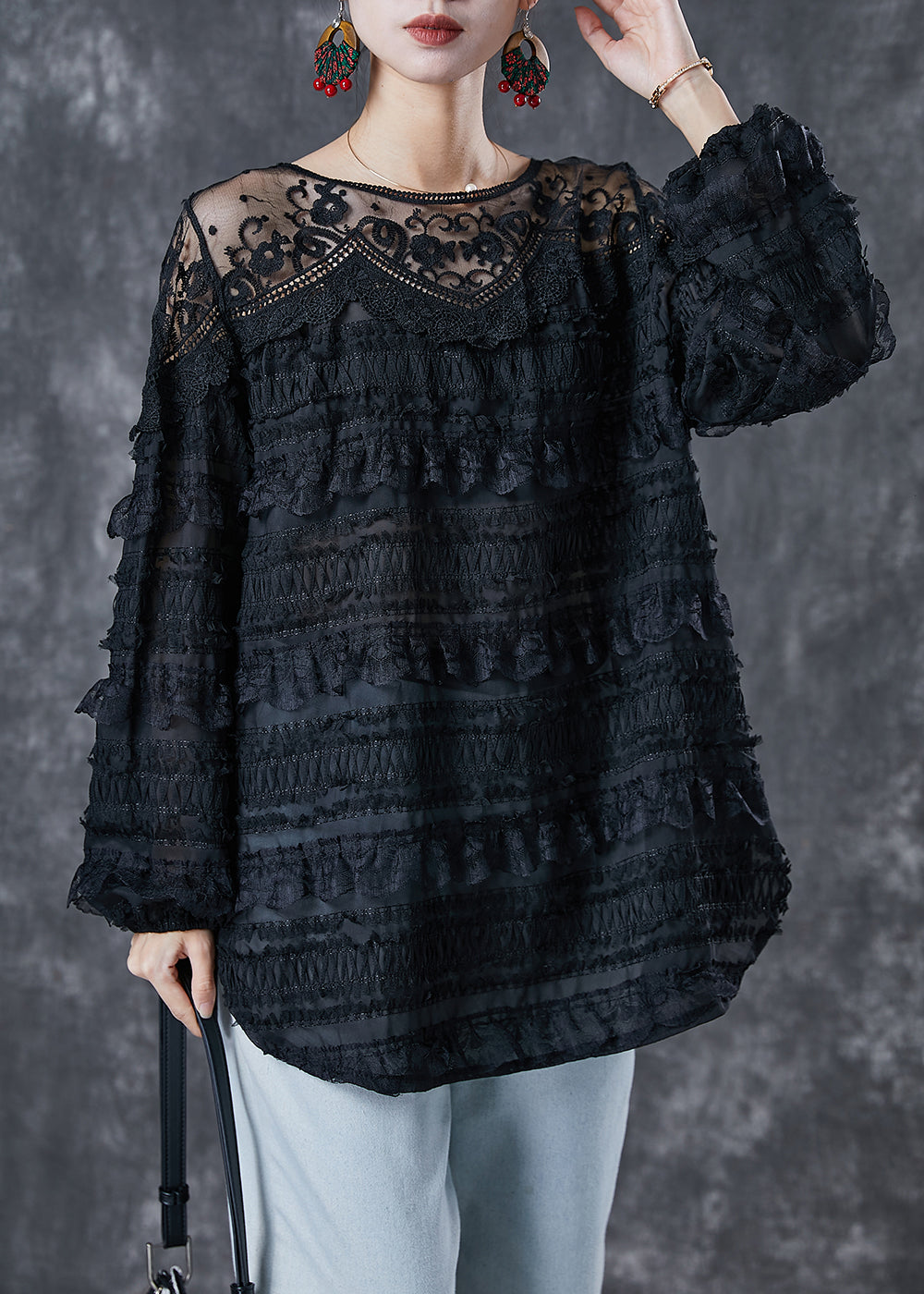 VCSHOES Black Hollow Out Patchwork Lace Top Spring