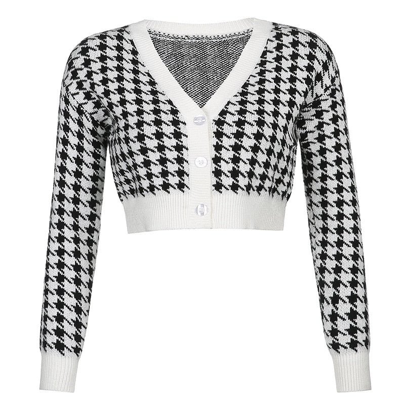 Sweater Women Houndstooth Print Vintage Cardigan V Neck Elegant Chic Autumn Fashion Jumper Ladies Streetwear Crop Top