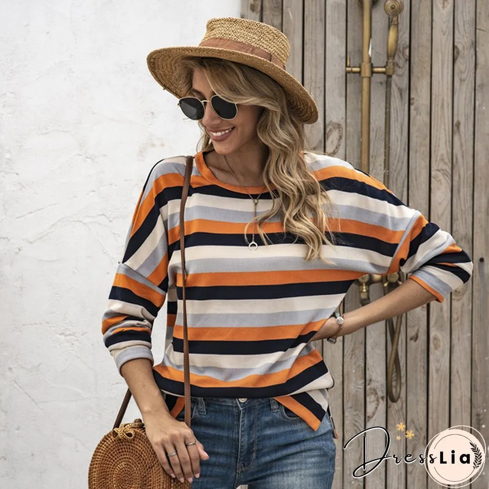 Basic Striped T-shirt Women Plus Size S-5XL Multi Colors Casual Cotton Stretchy Long Sleeve Tops Tee Spring Autumn