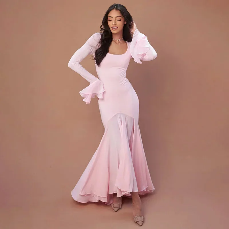 Toloer Pink Long Sleeve Ruffle Flare Maxi Dress-Outfit Ideas