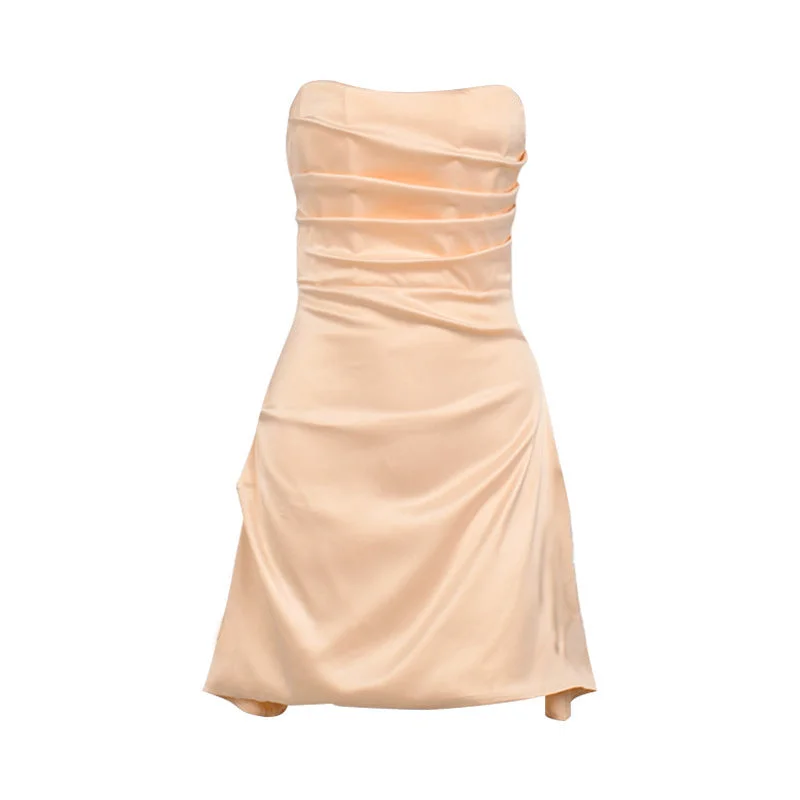 Uveng Sexy Satin Fishbone Pleated Backless Strapless Dresses