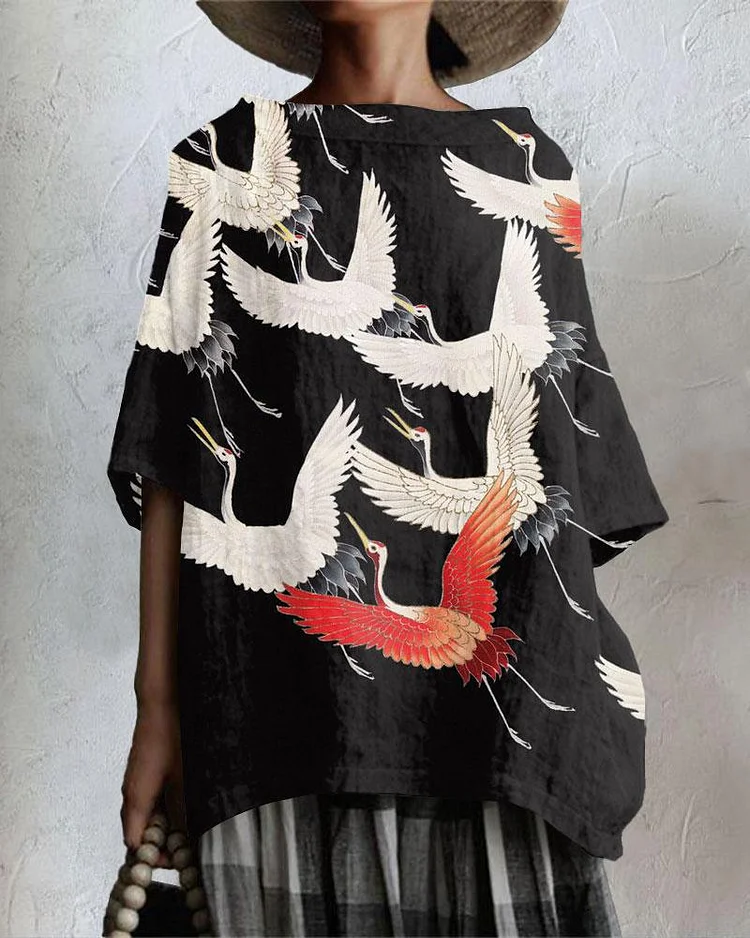Japanese Crane Art Cotton And Linen Tunic Shirt